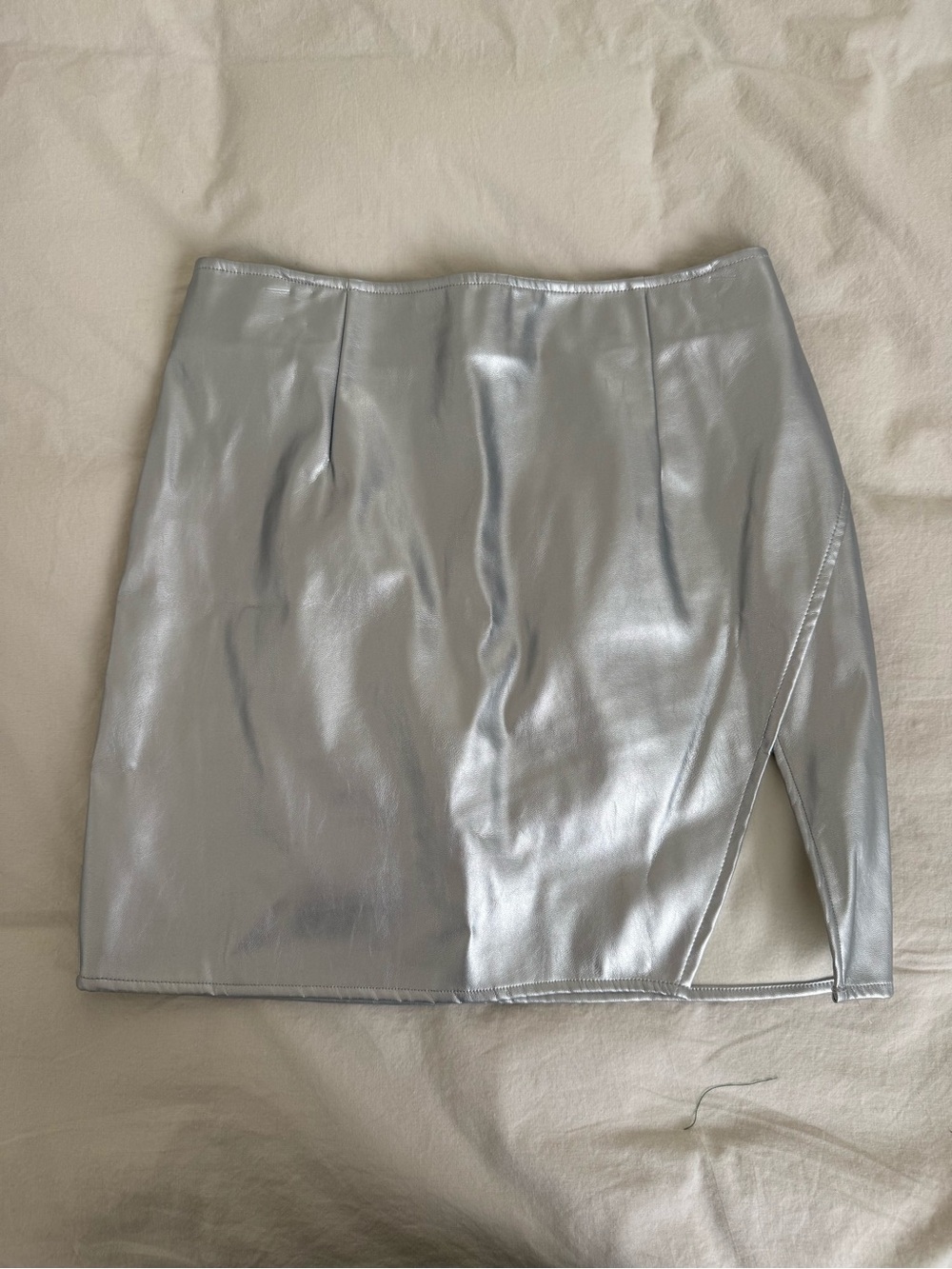 Bear Dance Metallic Silver Faux-Leather Mini Skirt with Side Slit